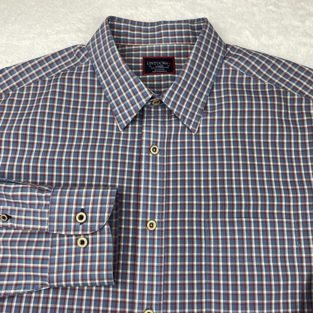 UNTUCKit Mens‎ Dress Shirt Large Blue/Burgundy Checks Slim Fit Wrinkle Free